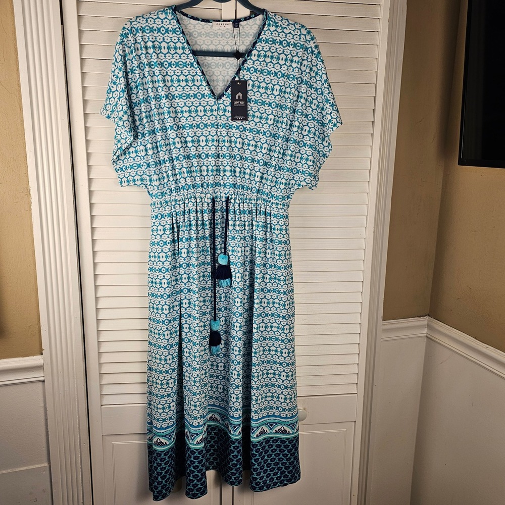 NWT Cabana Life Womens Aruba Blues Coverluxe Tie Waist UPF 50+ Midi Dress S/M